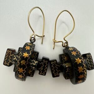 Antique Victorian 1870s Pique "faux" tortoise shell 14kt gold inlay earrings